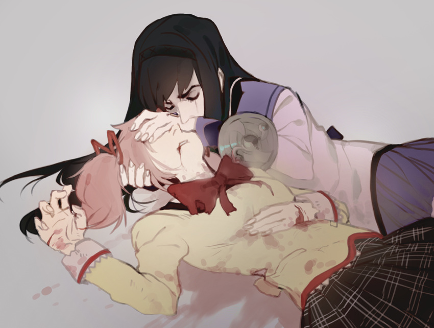2girls, akemi_homura, black_hair, blood, blood_from_mouth, bloody_clothes, bow, bowtie, closed_eyes, covering_eyes, crying, death, hairband, hand_on_another's_face, injury, kaname_madoka, long_sleeves, lying, mahou_shoujo_madoka_magica, multiple_girls, parted_lips, pink_hair, plaid, plaid_skirt, red_bow, sad, school_uniform, sketch, skirt, torn_clothes, xenos