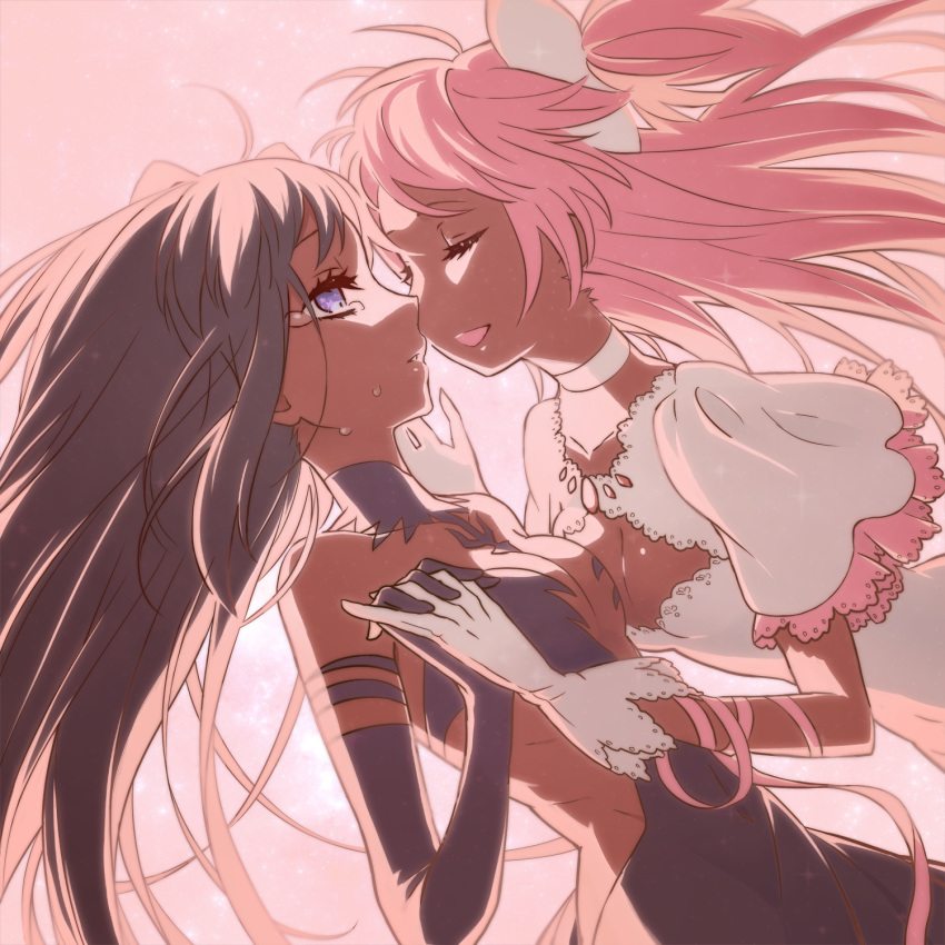 2girls, ahoge, akemi_homura, akuma_homura, black_gloves, black_hair, cleavage_cutout, closed_eyes, crying, crying_with_eyes_open, elbow_gloves, gloves, goddess_madoka, highres, incipient_kiss, interlocked_fingers, kaname_madoka, long_hair, mahou_shoujo_madoka_magica, mahou_shoujo_madoka_magica_movie, multiple_girls, open_mouth, parted_lips, pink, pink_background, pink_hair, pink_ribbon, ribbon, short_sleeves, tears, tsumugi, very_long_hair, yuri