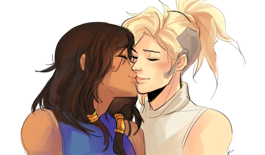 2girls, bare_shoulders, black_hair, blonde_hair, closed_eyes, commentary, dark_skin, eye_of_horus