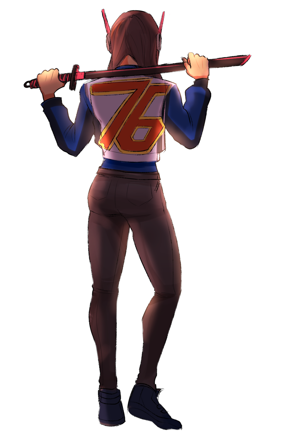1girl, alternate_weapon, brown_hair, cosplay, d.va_(overwatch), from_behind, full_body, hair_over_shoulder