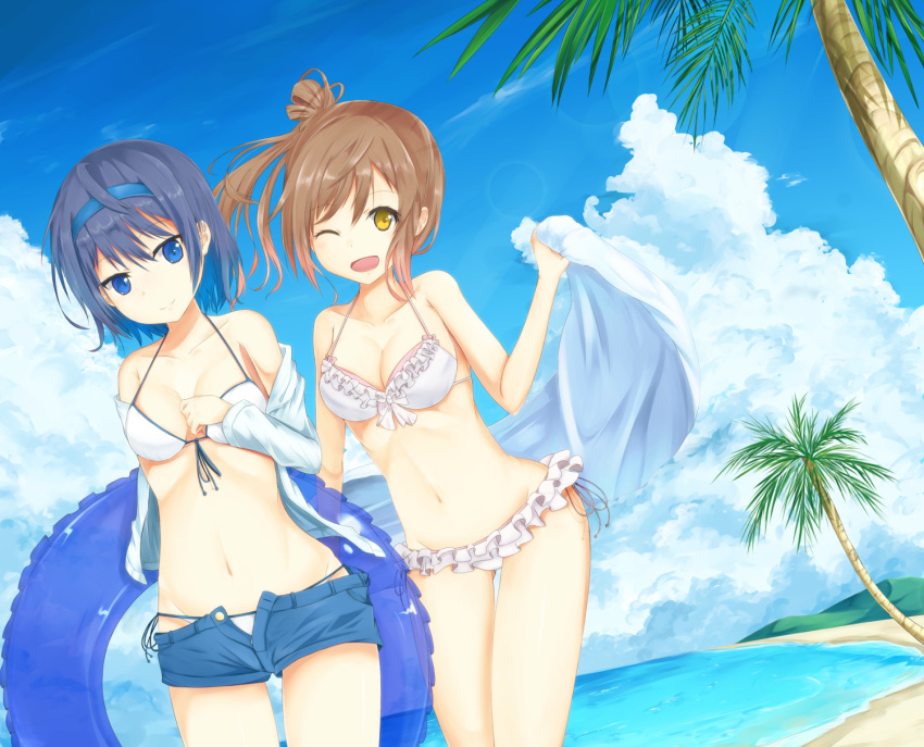 2girls, beach, bikini, blue_eyes, blue_hair, breasts, brown_hair, cevio