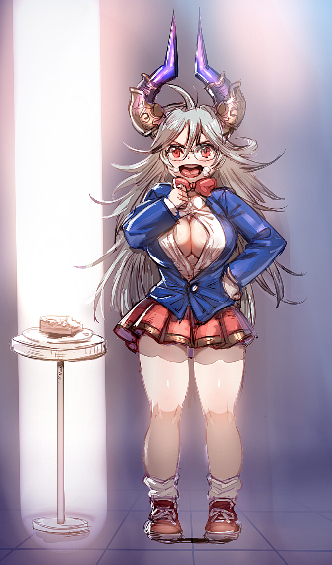 >:d, 1girl, :d, ahoge, bangs, bespectacled, blue_jacket, bow