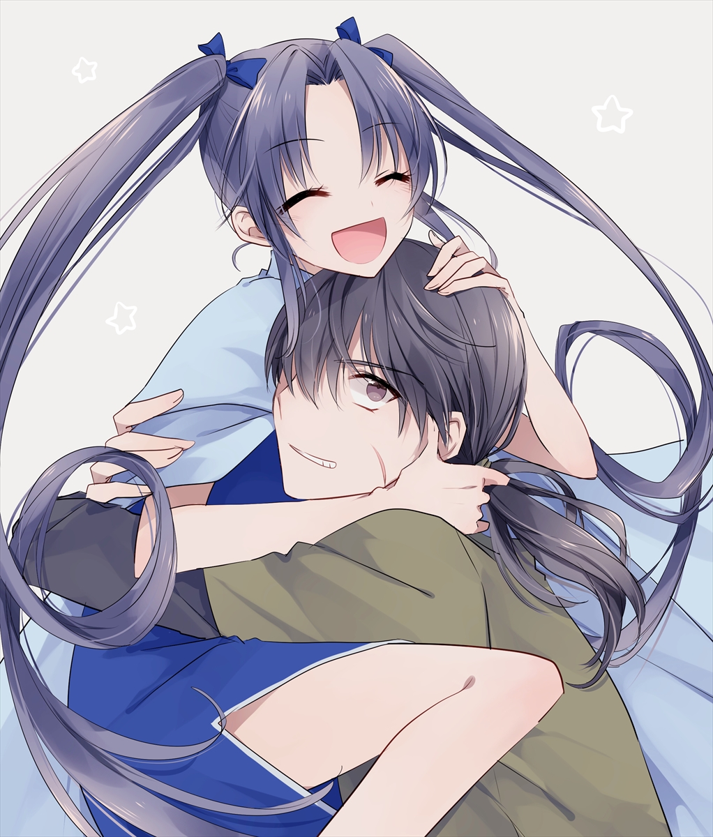 1boy, 1girl, aqua_(material_puzzle), black_hair, closed_eyes, couple, happy, hetero, highres, hug, long_hair, material_puzzle, mikaze_(material_puzzle), ponytail, purple_hair, sano_(merrymerry), scar, smile, twintails, violet_eyes