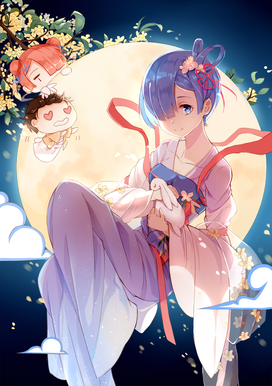 1boy, 2girls, alternate_costume, alternate_hairstyle, amicis_(amisic), animal, blue_eyes, blue_hair, blue_ribbon, brown_hair, chang'e, chibi, chinese_clothes, clouds, collarbone, commentary_request, double_bun, floating, flower, full_moon, hair_flower, hair_ornament, hair_over_one_eye, hair_ribbon, hanfu, heart, heart_eyes, highres, holding_animal, looking_at_viewer, moon, moon_rabbit, multiple_girls, natsuki_subaru, pink_hair, rabbit, ram_(re:zero), re:zero_kara_hajimeru_isekai_seikatsu, red_ribbon, rem_(re:zero), ribbon, short_hair, smile, solo, solo_focus, x_hair_ornament