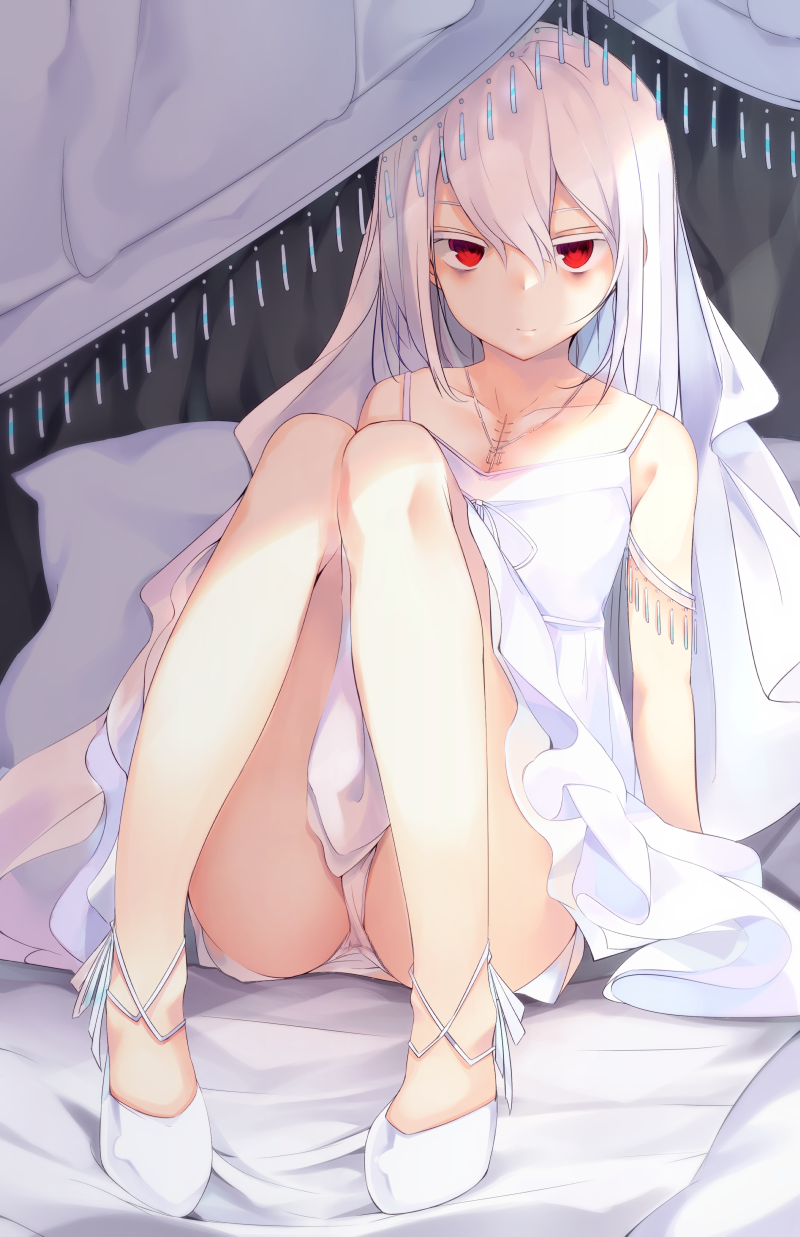 1girl, ass, bangs, bed_sheet, closed_mouth, collarbone, dress, haegiwa, hair_between_eyes, highres, light_smile, looking_at_viewer, on_bed, original, panties, pantyshot, pantyshot_(sitting), red_eyes, shiroi_ko_(haegiwa), shoes, sitting, solo, underwear, upskirt, white_dress, white_panties, white_shoes