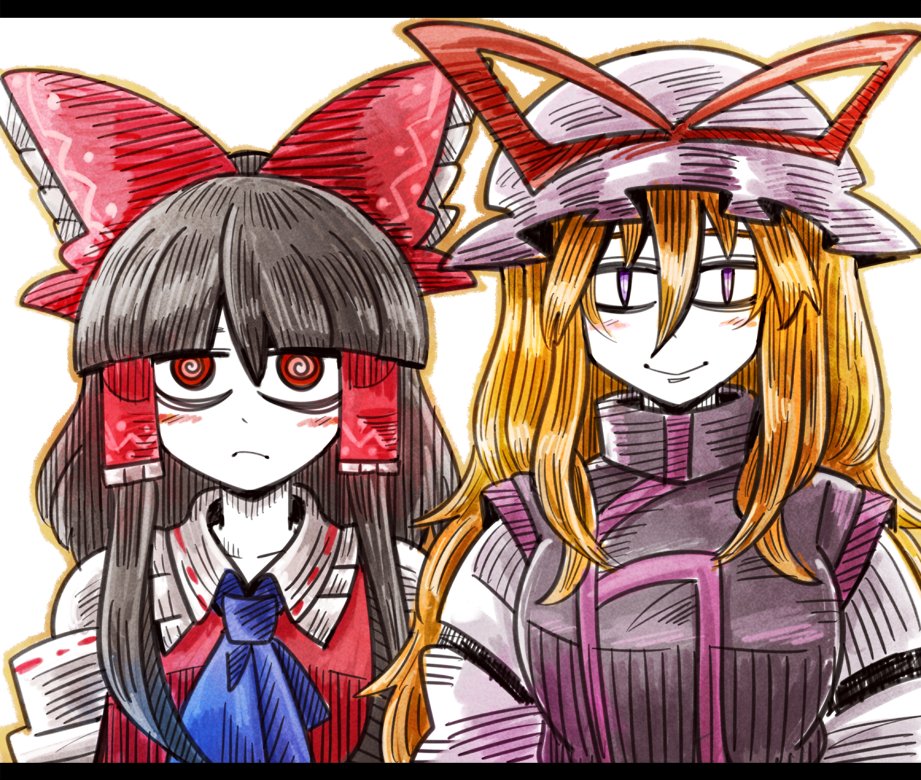 2girls, al_bhed_eyes, ascot, bangs, black_hair, blonde_hair, blunt_bangs, blush