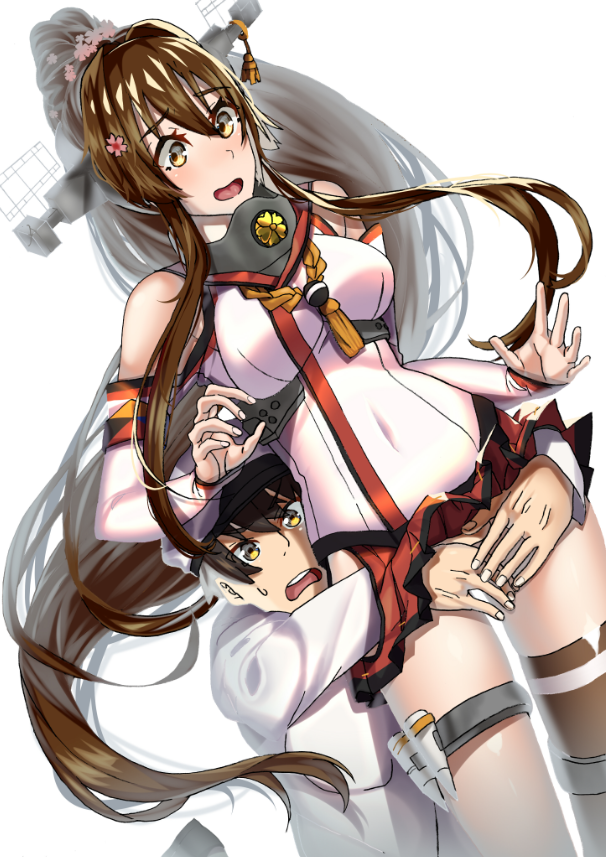 1boy, 1girl, admiral_(kantai_collection), asymmetrical_legwear, blush, brown_eyes, brown_hair, chrysanthemum