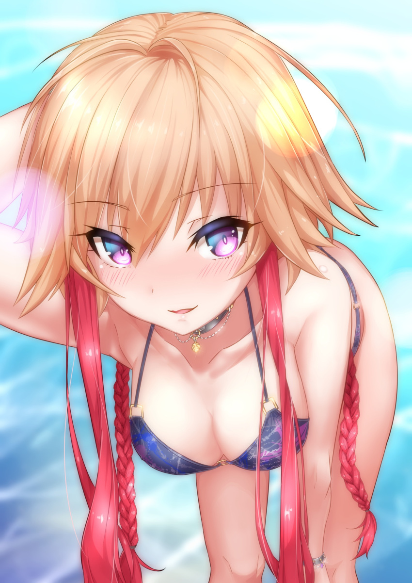 1girl, bikini, blush, braid, breasts, choker, cleavage, highres
