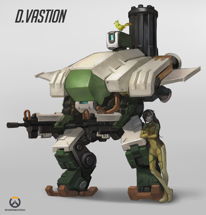 1girl, alternate_color, bangs, bastion_(overwatch), bird, bodysuit, breasts, brown_hair
