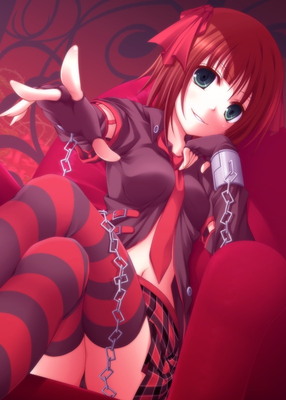 brown_hair, chain, chains, chin_rest, dark_haruka, fingerless_gloves, foreshortening, gloves, green_eyes, hands, idolmaster, kago_no_tori, kagonotori, midriff, navel, necktie, panties, pantyshot, pantyshot_sitting, plaid, punkish_gothic, ribbon, short_hair, sitting, skirt, smile, solo, striped, striped_legwear, striped_thighhighs, tartan, thigh-highs, thighhighs, underwear