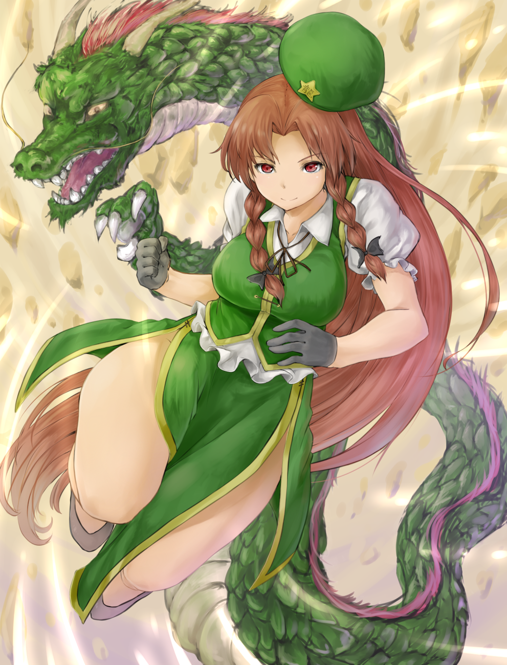 1girl, alternate_eye_color, beret, black_bow, bow, braid, chinese_clothes, clenched_hand, commentary_request, dragon, eastern_dragon, gloves, green_beret, hair_bow, hair_ribbon, hat, hat_removed, headwear_removed, highres, hong_meiling, horns, long_hair, looking_at_viewer, neck_ribbon, netamaru, no_panties, pelvic_curtain, puffy_short_sleeves, puffy_sleeves, red_eyes, ribbon, shoes, short_sleeves, smile, star, touhou, tress_ribbon, twin_braids, very_long_hair, wing_collar