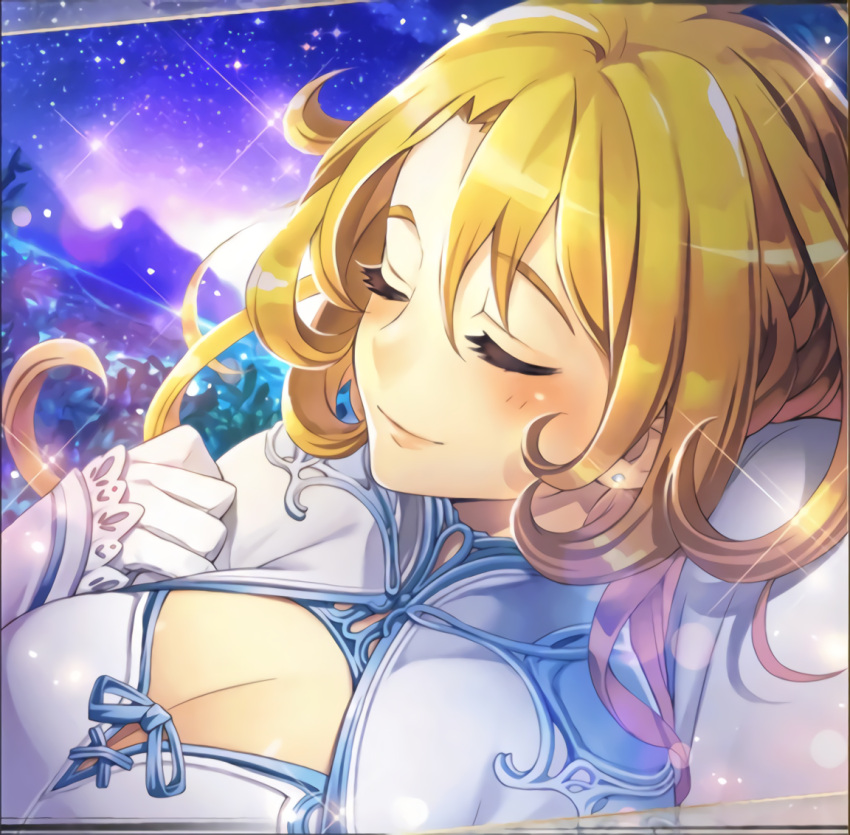 1girl, background, blonde_hair, breasts, cleavage, cleavage_cutout, closed_eyes, earrings, excalibur_(phantom_of_the_kill), eyebrows, eyebrows_visible_through_hair, field, frilled_gloves, frills, game_cg, gloves, jewelry, long_eyelashes, mountain, official_art, phantom_of_the_kill, scenery, sky, sleeping, smile, sparkle, star, star_(sky), starry_sky, wavy_hair