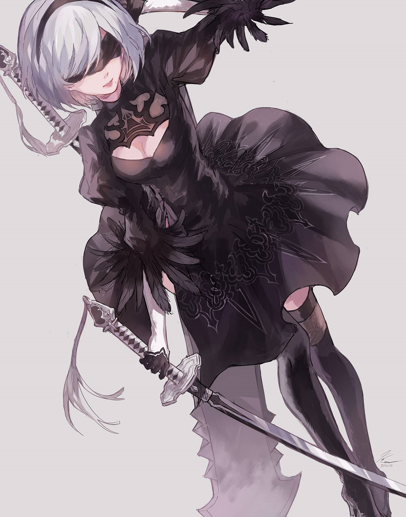 1girl, blindfold, blondoflded, bow, cleavage_cutout, feather_trim, gloves, hair_bow, kanekiru, katana, lips, mole_under_lips, nier_automata, outstretched_arm, short_hair, silver_hair, sword, thigh-highs, weapon