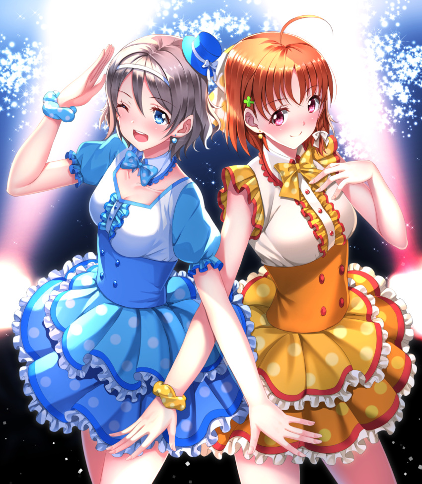 2girls, ahoge, blue_eyes, blush, breasts, brown_hair, clover_hair_ornament, dress