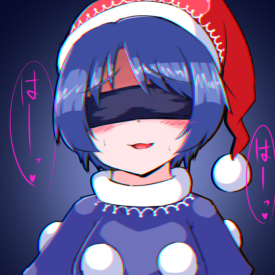1girl, anaglyph, black_dress, blindfold, blue_hair, blush, capelet, doremy_sweet