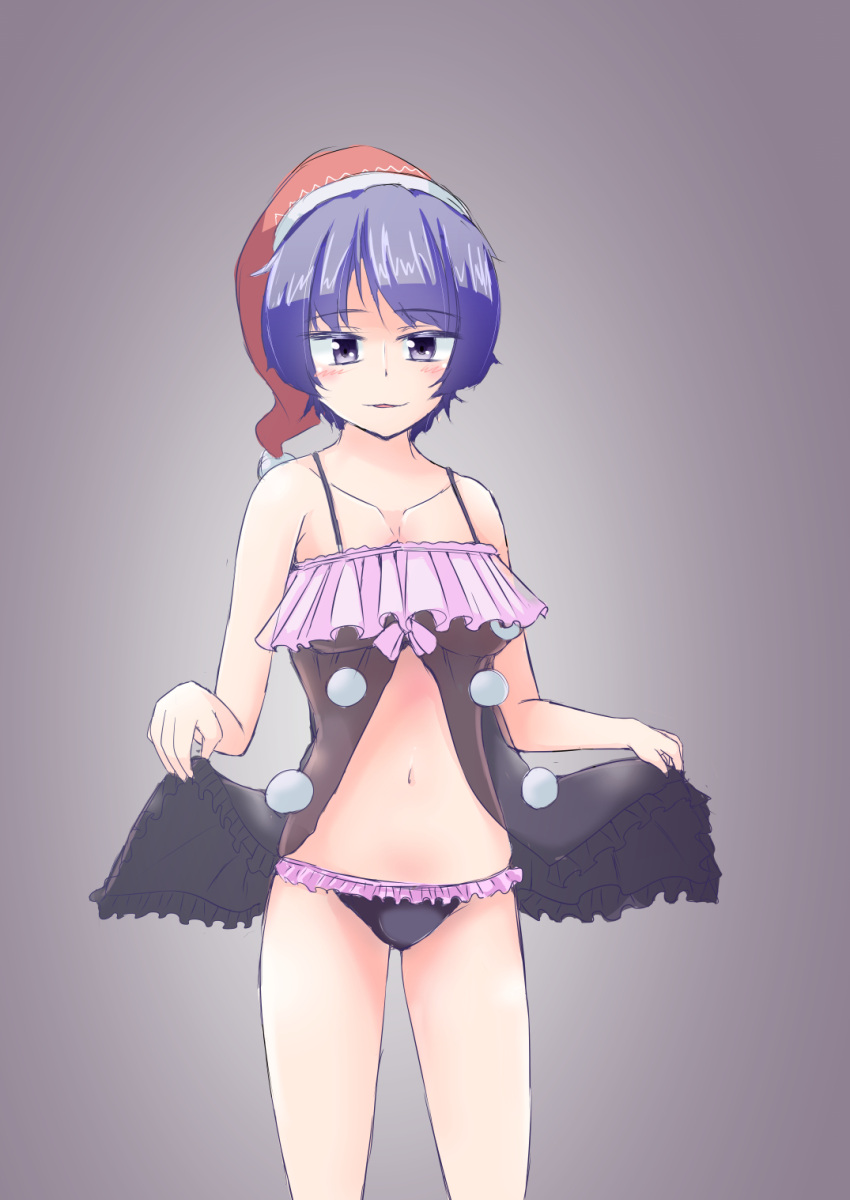 1girl, alternate_costume, bangs, black_panties, blue_hair, blunt_bangs, breasts, chemise, collarbone, colored_eyelashes, doremy_sweet, frilled_panties, frills, gradient, gradient_background, hat, hex_aaaane, highres, looking_at_viewer, medium_breasts, navel, night_clothes, nightcap, panties, parted_lips, pom_pom_(clothes), purple_background, see-through, short_hair, solo, stomach, thighs, touhou, underwear, violet_eyes