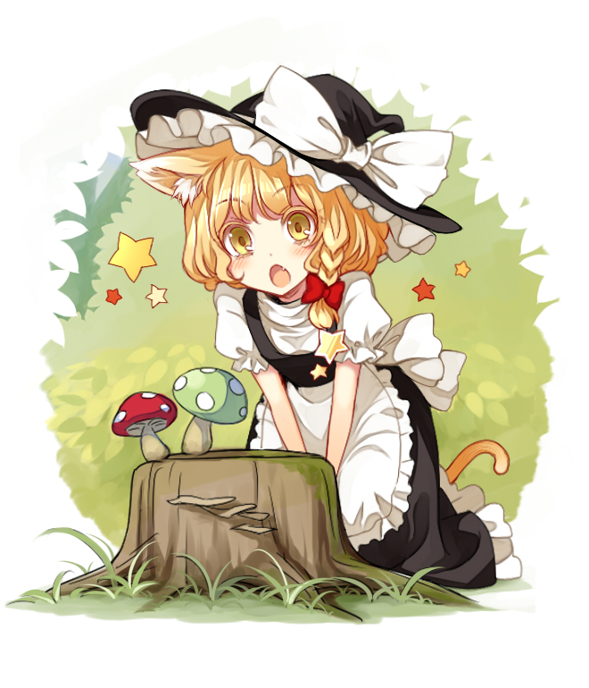 1girl, animal_ears, apron, blonde_hair, blush, bow, braid, cat_ears, cat_tail, commentary_request, eyebrows, eyebrows_visible_through_hair, fang, hair_bow, hair_ribbon, hat, hat_bow, kemonomimi_mode, kirisame_marisa, kneeling, mushroom, open_mouth, puffy_short_sleeves, puffy_sleeves, red_bow, ribbon, short_sleeves, side_braid, single_braid, solo, sparkle, star, tail, touhou, tree_stump, tress_ribbon, uruu_gekka, v_arms, waist_apron, white_apron, white_bow, witch_hat