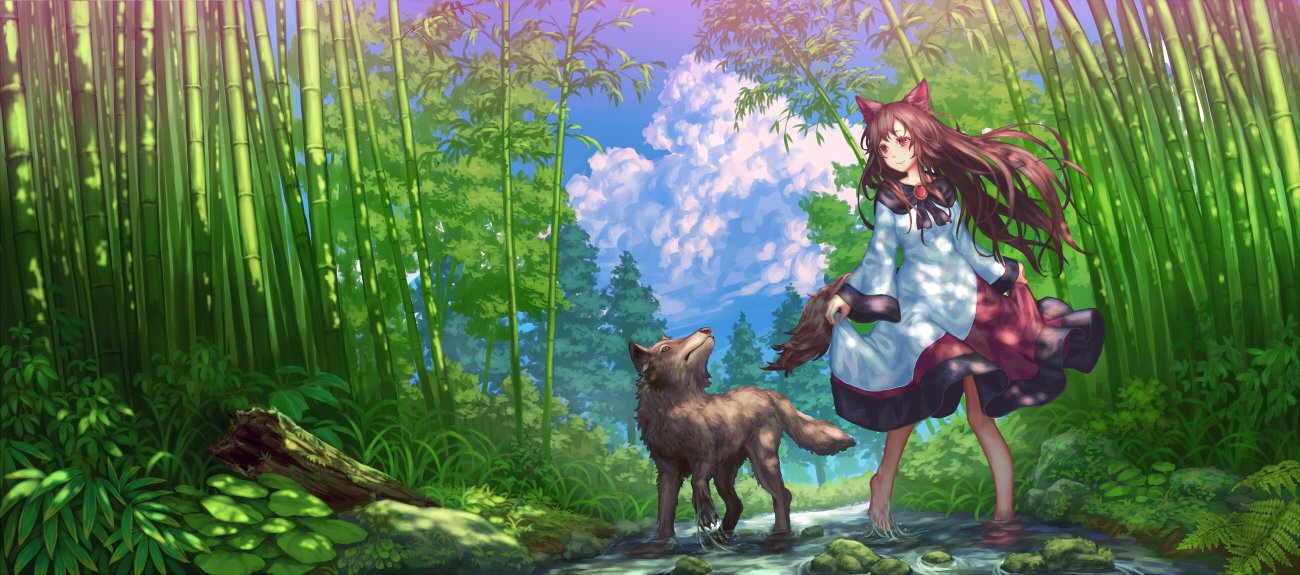 animal_ears, bamboo, bamboo_forest, brown_hair, dress, forest, imaizumi_kagerou, nature