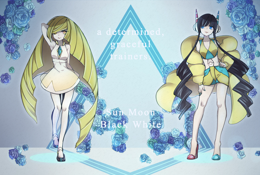2girls, armpits, bare_arms, black_hair, blonde_hair, blue_eyes, blue_rose, collarbone, crystal, engrish, flower, hand_behind_head, hand_on_hip, hand_on_thigh, headphones, high_heels, kamitsure_(pokemon), long_hair, lusamine_(pokemon), miyashiro, multiple_girls, pokemon, pokemon_(game), pokemon_bw2, pokemon_sm, ranguage, rose, sidelocks, sleeveless, smile, standing, very_long_hair, yellow_eyes