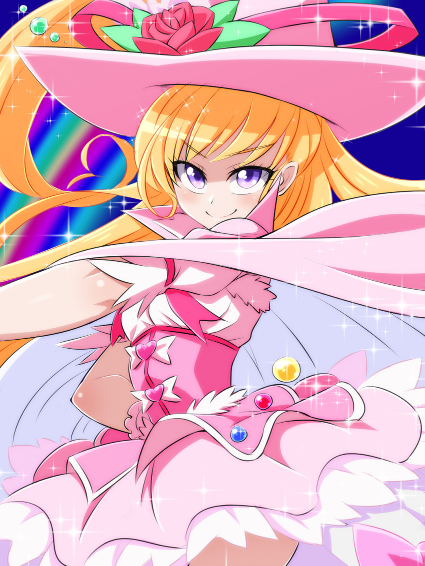 1girl, alexandrite_style, asahina_mirai, blonde_hair, cape, cure_miracle, eyebrows, eyebrows_visible_through_hair