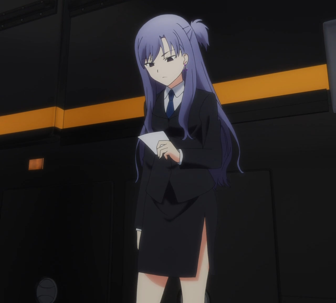 1girl, black_eyes, long_hair, miniskirt, necktie, nishikujou_touka, purple_hair, rewrite