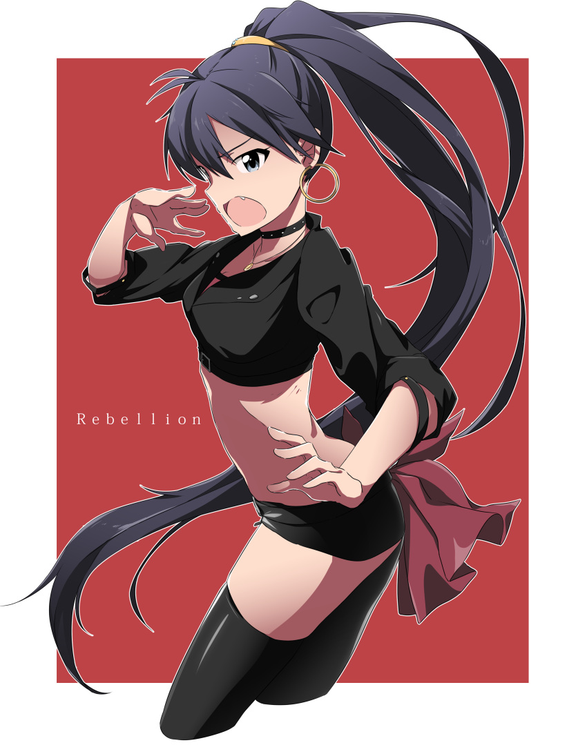 1girl, absurdres, black_hair, black_legwear, blue_eyes, choker, earrings, fang
