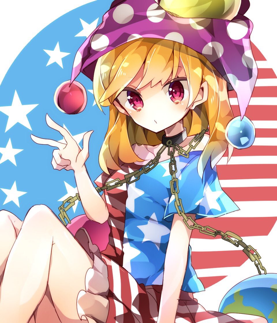 1girl, alternate_costume, american_flag_shirt, american_flag_skirt, blonde_hair, chain, clownpiece, collar, earth_(ornament), hat, hecatia_lapislazuli, hecatia_lapislazuli_(cosplay), jester_cap, long_hair, looking_at_viewer, nikorashi-ka, off-shoulder_shirt, pink_eyes, polka_dot, shirt, short_sleeves, sitting, skirt, solo, star, star_print, striped, touhou, v