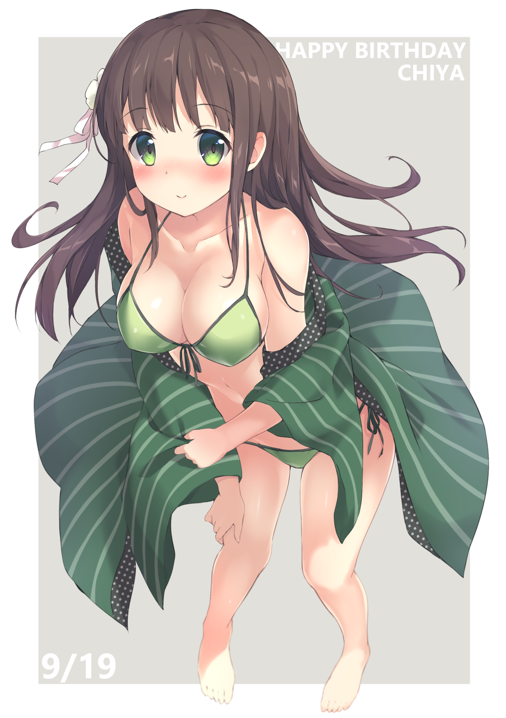 1girl, ama_usa_an_uniform, barefoot, bikini, blush, breasts, brown_hair, character_name