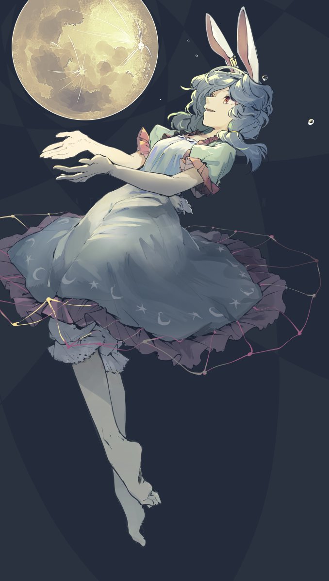 1girl, animal_ears, barefoot, bloomers, blue_background, blue_dress, blue_hair, breasts