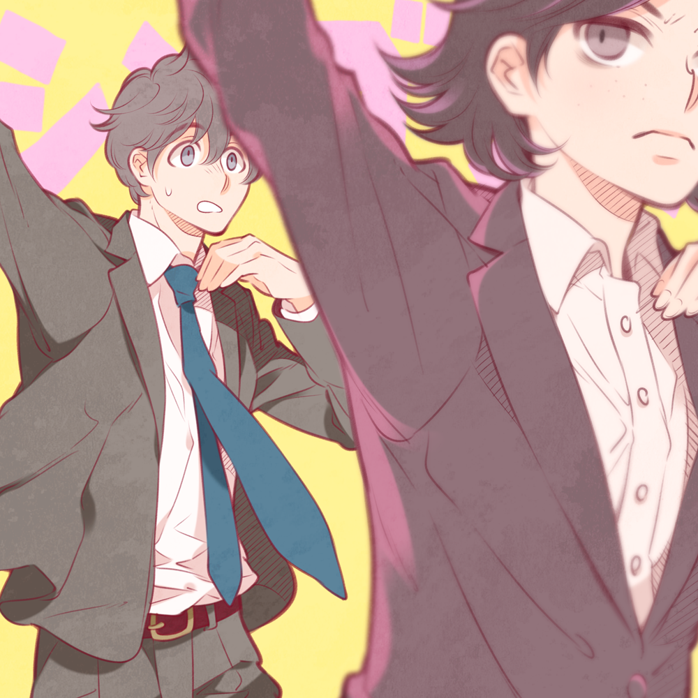 1boy, 1girl, black_hair, dancing, formal, necktie, nogaki_suzume, ogashira_hiromi, shin_godzilla, suit, yasuda_tatsuhiko