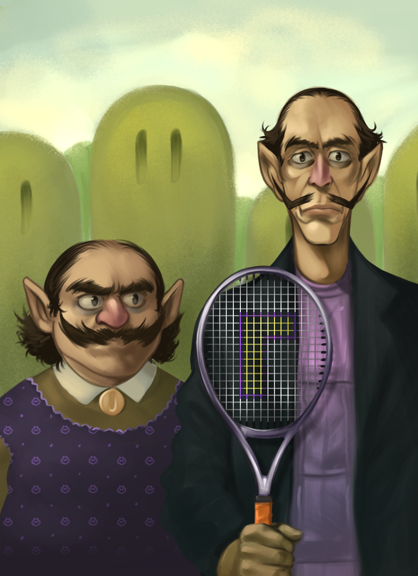 2boys, amano-g, american_gothic, bald_spot, black_hair, crossdressinging, eyebrows, facial_hair