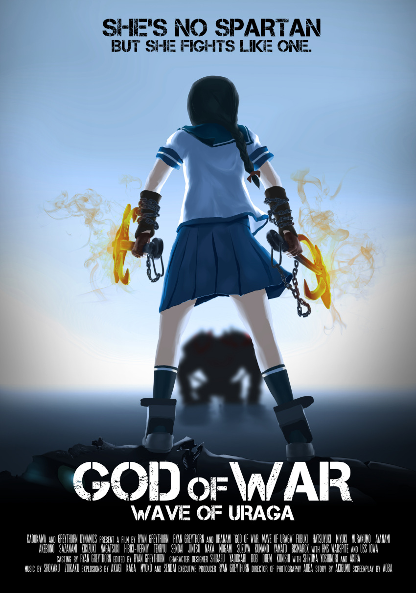 1girl, absurdres, anchor, back, black_legwear, blue_skirt, braid, brown_hair