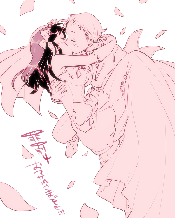 1boy, 1girl, bare_shoulders, bridal_veil, carrying, couple, diane_(nanatsu_no_taizai), dress, elbow_gloves, gloves, hetero, king_(nanatsu_no_taizai), kiss, monochrome, nanatsu_no_taizai, ni-si_(nisi_kun), petals, princess_carry, translated, veil, wedding_dress