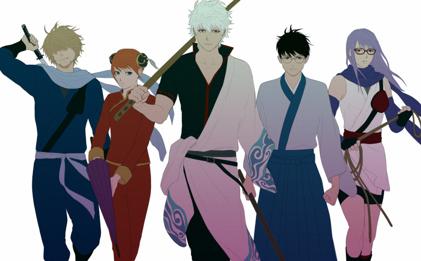 2girls, 3boys, black_hair, blonde_hair, blue_eyes, bokken, bun_cover, chinese_clothes