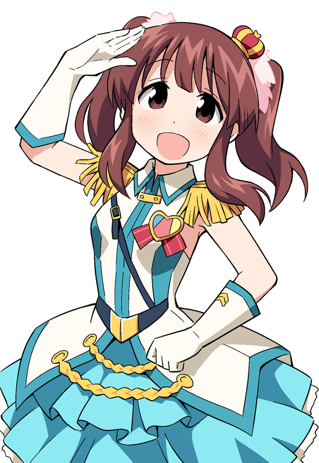 1girl, anbe_masahiro, brown_eyes, brown_hair, crown, elbow_gloves, epaulettes, frilled_skirt