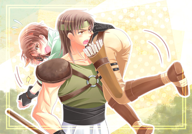 >:o, 1boy, 1girl, :o, ass, blush, boots, carrying, carrying_over_shoulder, cowboy_shot, fingerless_gloves, fire_emblem, fire_emblem:_thracia_776, gloves, headband, pants, short_hair, shouting, yoshi_(taiko7)