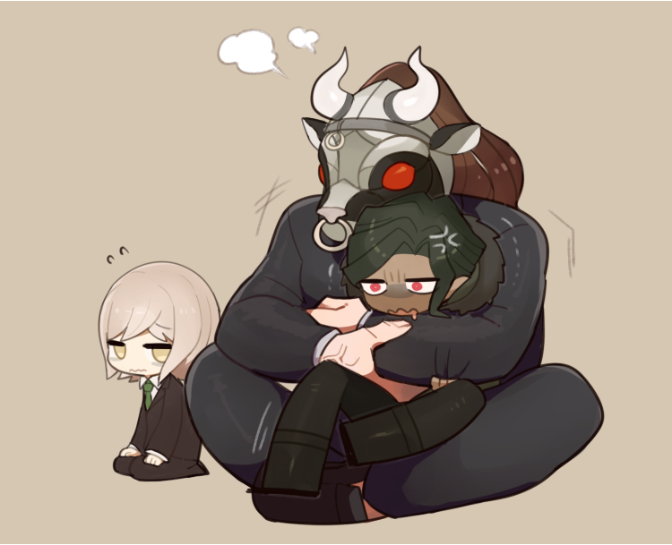 3boys, anger_vein, black_hair, chibi, coat, cow_mask, dangan_ronpa, dangan_ronpa_3