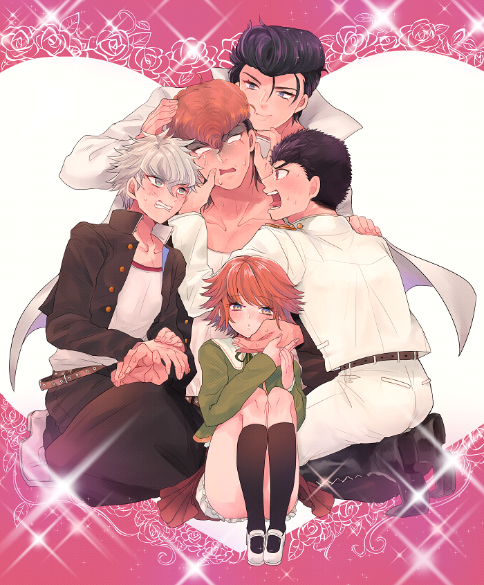 5boys, banchou, black_hair, blonde_hair, brothers, brown_hair, color_drain, cropped_jacket, dangan_ronpa, dangan_ronpa_1, delinquent, flipped_hair, flower, fujisaki_chihiro, gakuran, grey_eyes, harem, headband, heart, incest, ishimaru_kiyotaka, kneeling, male_focus, male_harem, moyoko, multicolored_hair, multiple_boys, no_pupils, oowada_daiya, oowada_mondo, otoko_no_ko, pleated_skirt, pompadour, pumpkin_panties, pumpkin_pants, red_eyes, school_uniform, seiza, shoes, short_hair, siblings, silver_hair, sitting, skirt, sparkle, sweat, tears, two-tone_hair, uwabaki, yaoi, yukimaru_takemichi, zettai_zetsubou_shoujo