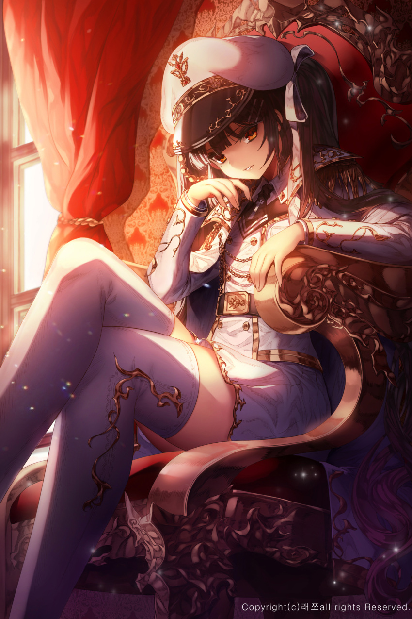1girl, bangs, black_hair, black_joa, black_necktie, blunt_bangs, brown_eyes, chair