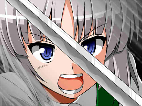 >:o, :o, blue_eyes, honda_takaharu, jpeg_artifacts, katana, konpaku_youmu, lowres, open_mouth, portrait, short_hair, silver_hair, sword, touhou, weapon