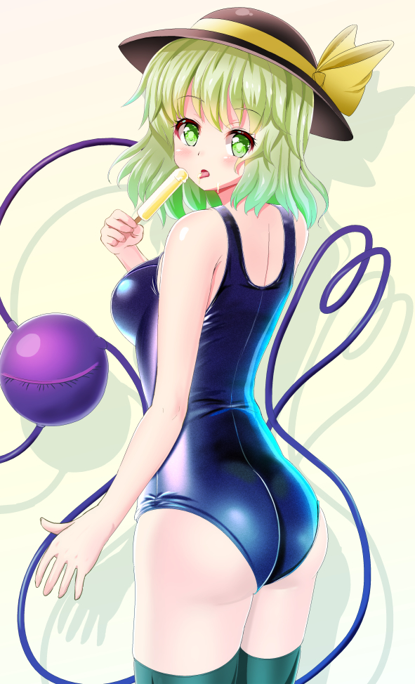 1girl, :o, alternate_costume, ass, bare_arms, bare_shoulders, black_hat, blush