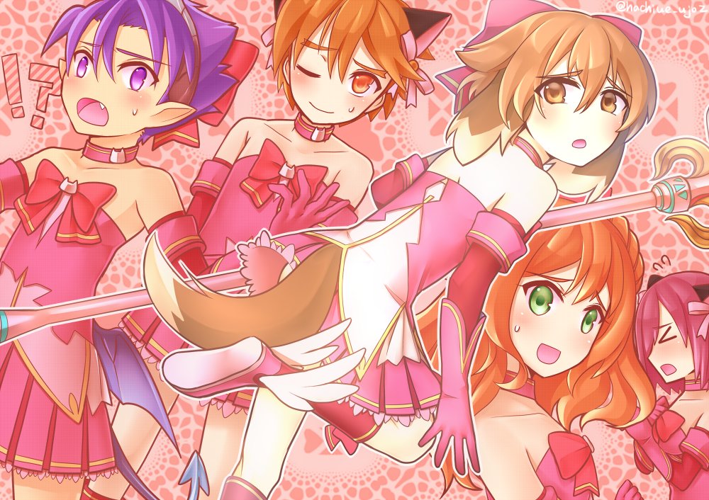 >_<, 2girls, 3boys, alisa_kirsten, animal_ears, blush, bow, brown_hair