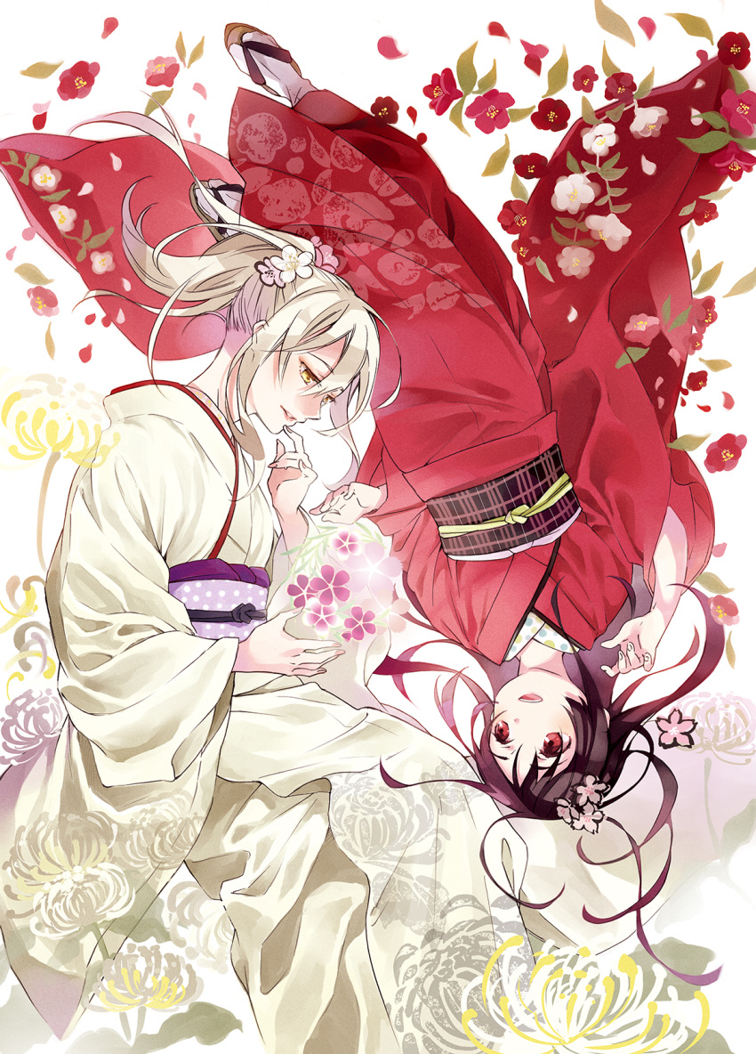 2girls, black_hair, blonde_hair, camellia_(flower), floral_print, flower, fushimi_inari, geta