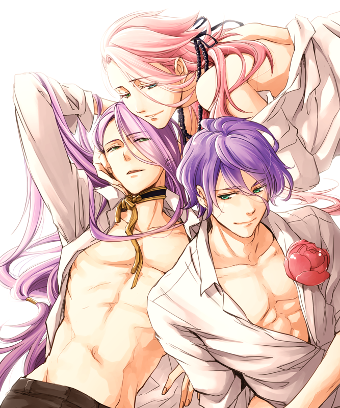 3boys, abs, arm_up, bead_necklace, beads, bloom, flower, green_eyes