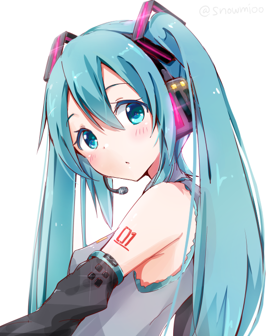 1girl, aqua_eyes, aqua_hair, blush, detached_sleeves, hatsune_miku, headphones, long_hair