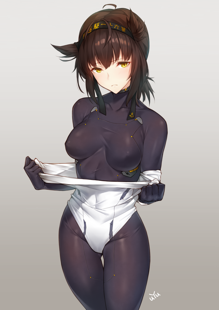 1girl, ahoge, artist_name, black_hair, bodysuit, breasts, breasts_apart, clothes_writing
