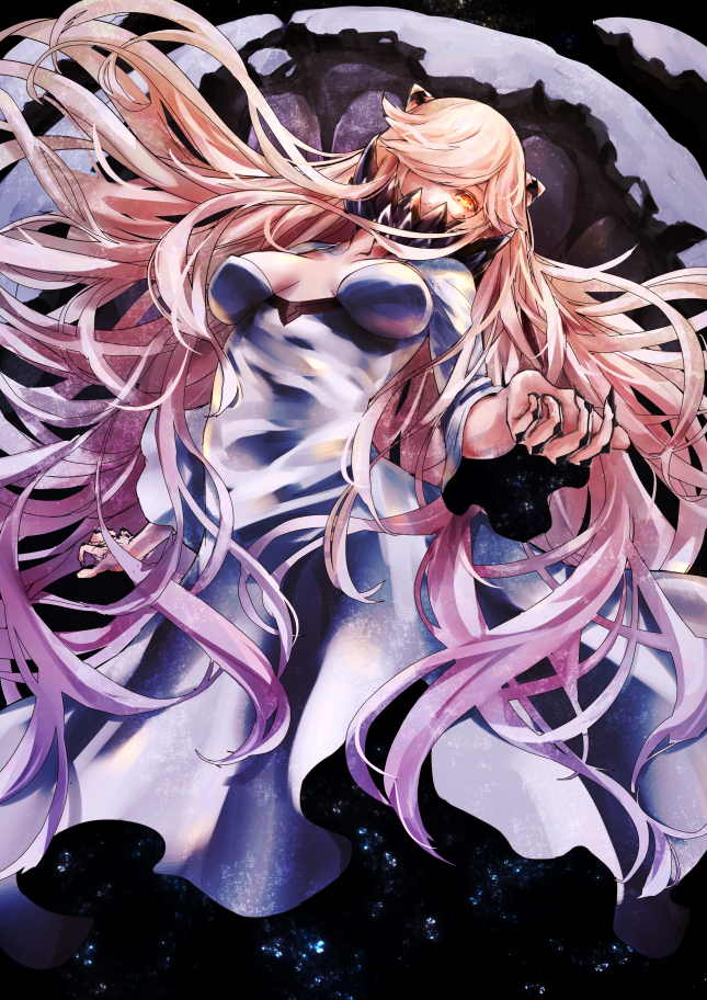 1girl, alternate_hair_color, alternate_skin_color, black_nails, blonde_hair, breasts, cleavage, dress