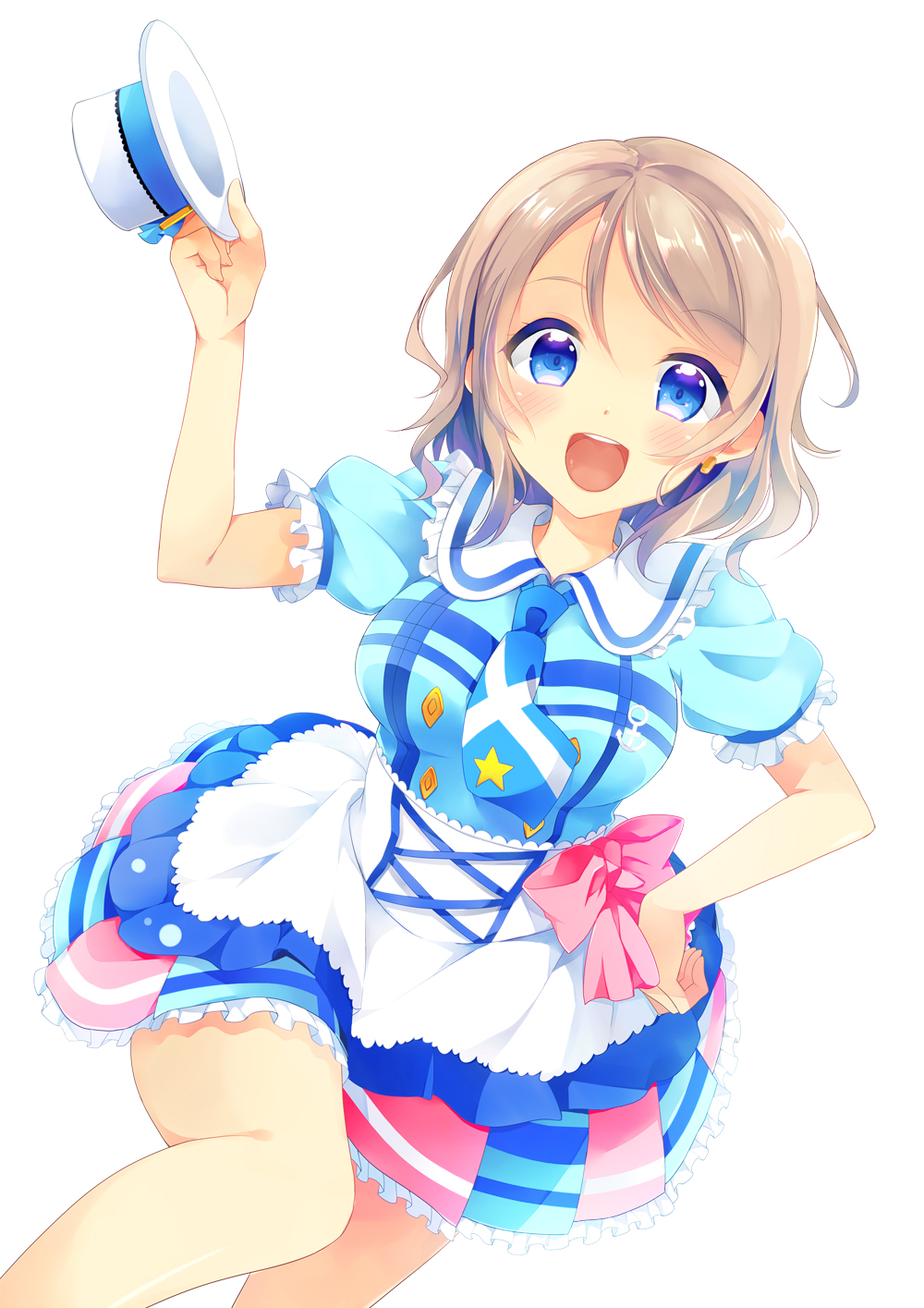 1girl, :d, anchor_symbol, blue_dress, blue_eyes, blue_necktie, blush, dress