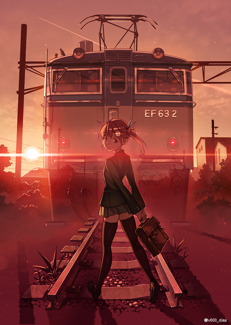1girl, bag, black_legwear, brown_eyes, brown_hair, commentary_request, ground_vehicle, hair_ornament, hair_ribbon, long_hair, looking_at_viewer, original, railroad_tracks, ribbon, school_uniform, serafuku, shinkansen, side_ponytail, skirt, solo, sunset, thigh-highs, train, twitter_username, vania600, zettai_ryouiki
