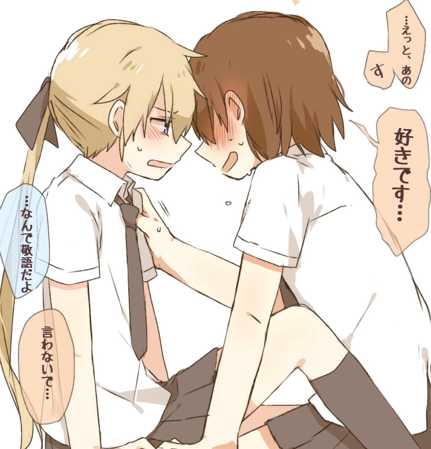 2girls, blonde_hair, blush, brown_hair, hair_ribbon, highres, kill_me_baby, long_hair, multiple_girls, necktie, oribe_yasuna, ribbon, short_hair, sonya_(kill_me_baby), sonya_jonah, sweat, translation_request